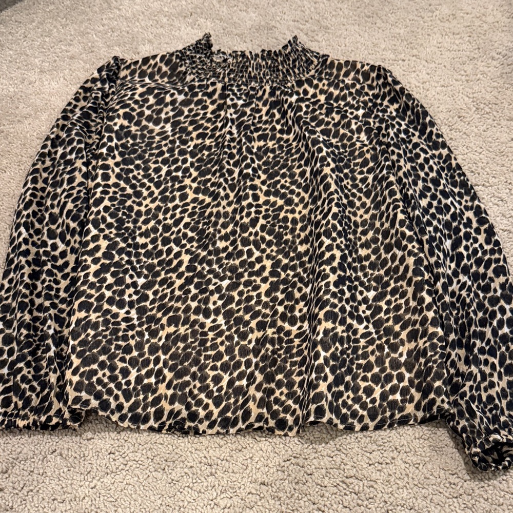 J. Crew Black and Cream Leopard Smocked Neck Blouse